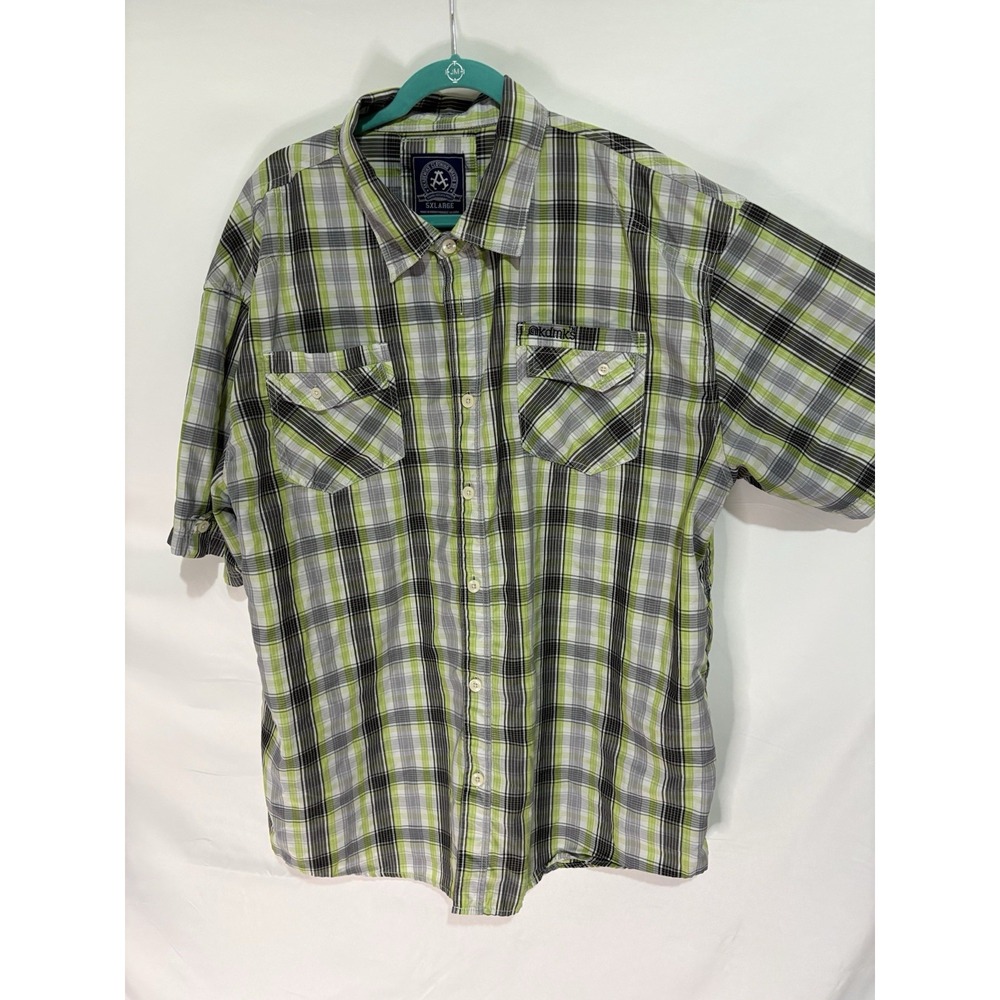 Akademiks Shirt Mens 5XL Green Plaid Short Sleeve Button Front Casual Woven